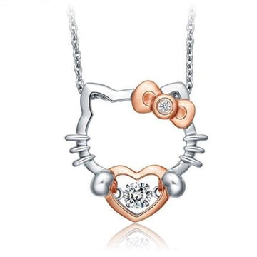 Alibaba Fine Fashion Jewelry-Necklace Hello Kitty Two Tone Rose & White Gold Plated Sterling Silver with Dancing Heart CZ Upgraded Box Chain 18" Adj